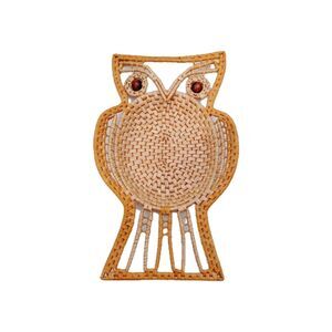 Vtg MCM OWL Rattan Raffia Boho Wall Trinket Table Decor Nature